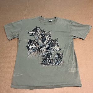San Segal Olive Green Wolves Print Single Stitch Men's Size XL Vintage Anvil